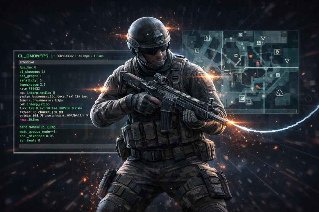 Counter-Strike 2 soldier with weapon, enlarged in-game console commands window and tactical minimap in background