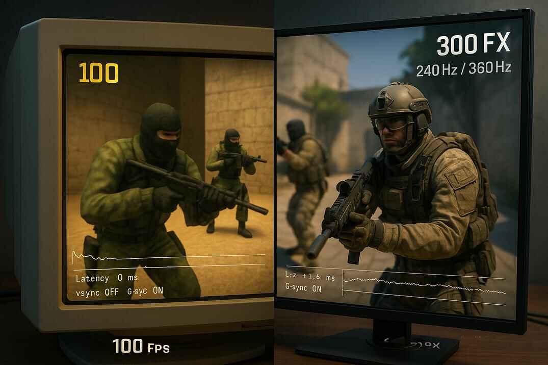 Split-screen comparison of Counter-Strike 1.6 and Counter-Strike 2 showing FPS and refresh rate performance differences