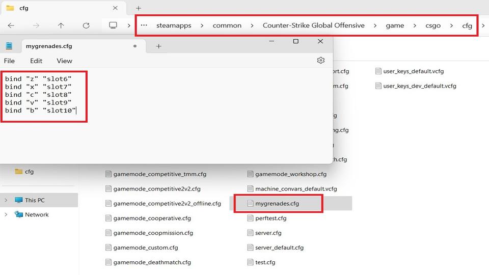 Windows file explorer showing the CS2 config folder and a custom mygrenades.cfg file open in Notepad with grenade keybind commands listed.