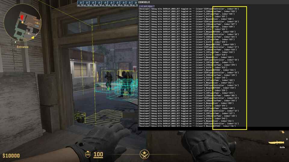 Counter-Strike 2 screenshot showing developer console output from the cl_ent_bbox * command, with bounding boxes around players and entities, and entity class names with index numbers listed.