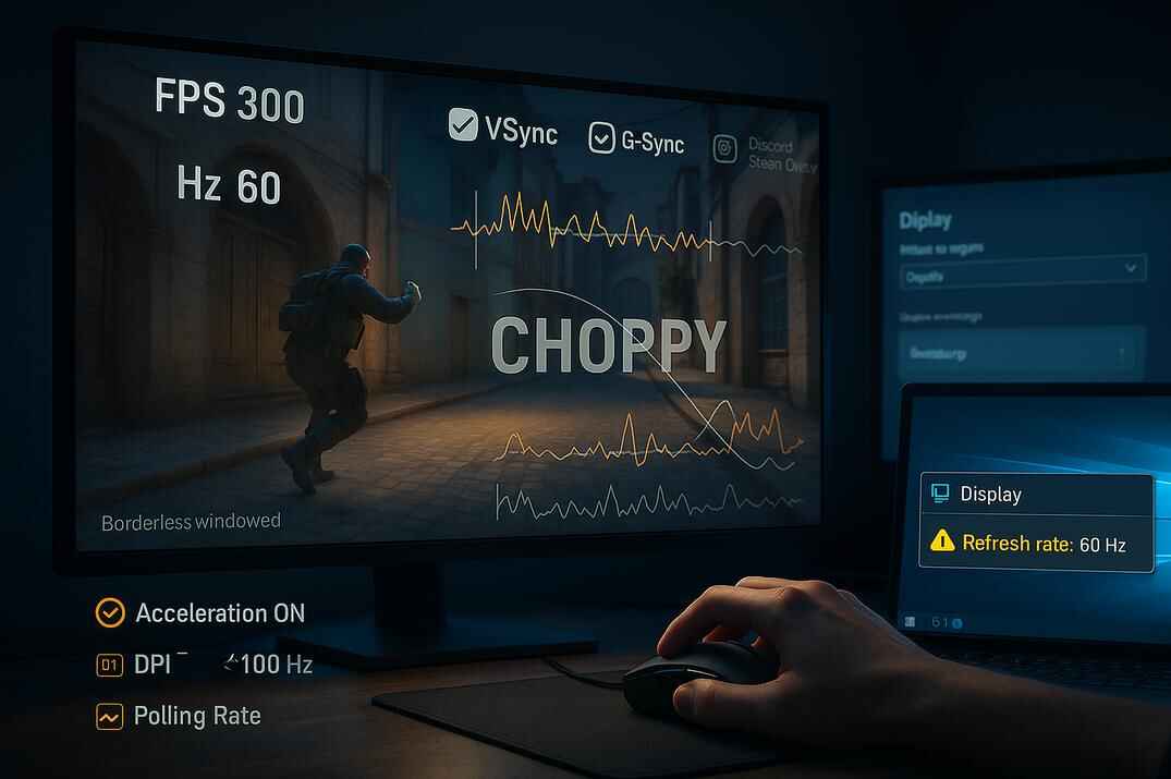 Gaming monitor showing Counter-Strike 2 gameplay labeled 'CHOPPY', with mismatched FPS and refresh rate indicators
