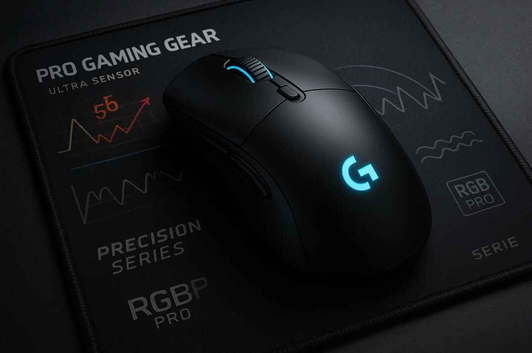 Realistic gaming mouse on a professional mouse pad with glowing RGB lighting and technical design elements