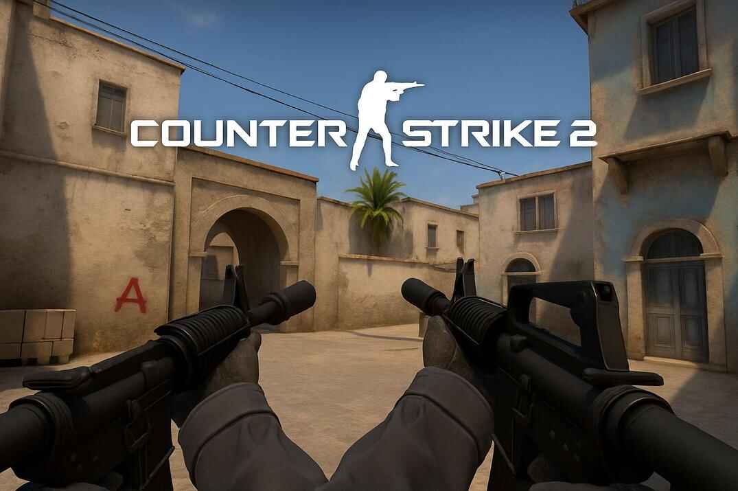 First-person view in Counter-Strike 2 showing two M4A1-S rifles held in each hand, with a Middle Eastern-themed map in the background and the Counter-Strike 2 logo above.