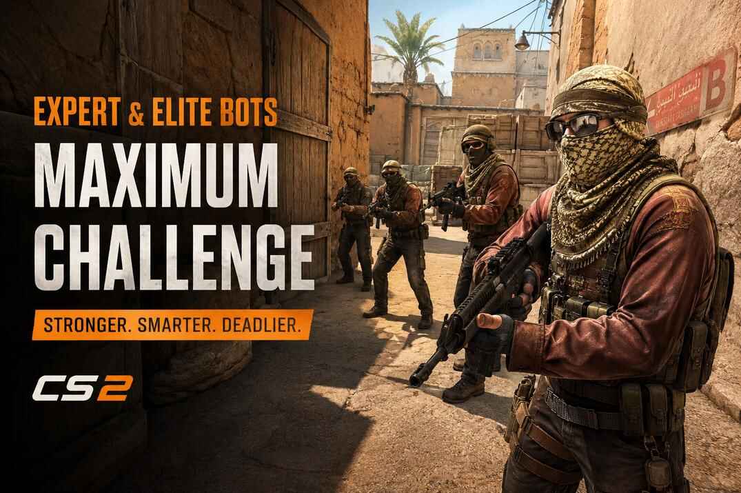 CS2 guide cover showing armed Terrorist-side bots in a dusty alley with 'Maximum Challenge' text