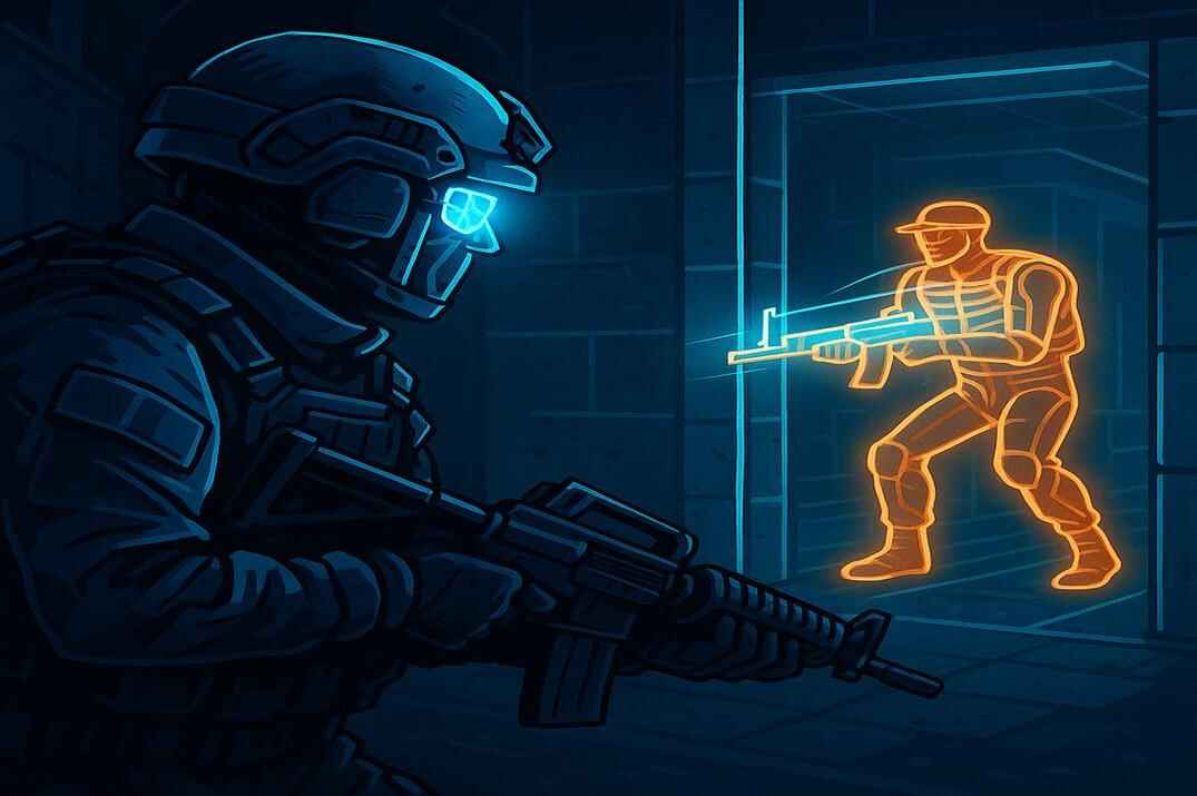 Futuristic soldier with glowing visor aims through wall showing enemy in neon orange outline