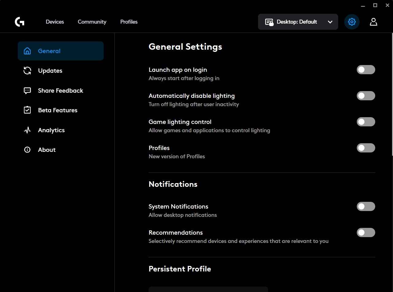 Logitech G HUB General Settings screen with launch, lighting, profile, notification, and analytics options