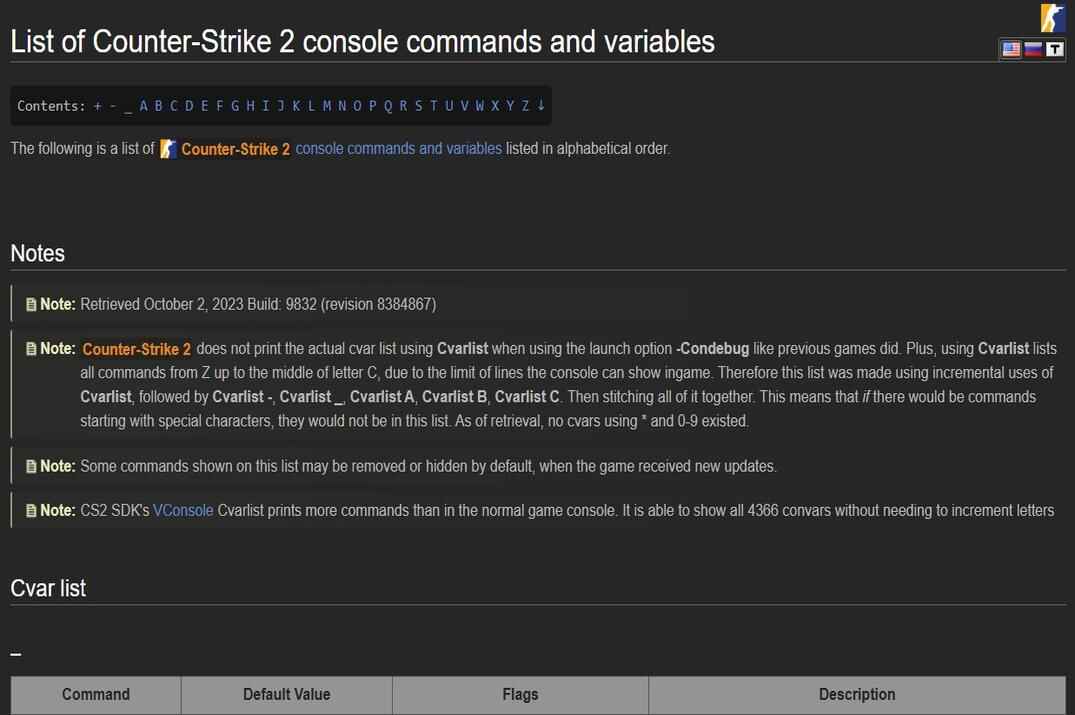 Valve documentation page listing Counter-Strike 2 console commands and cvars
