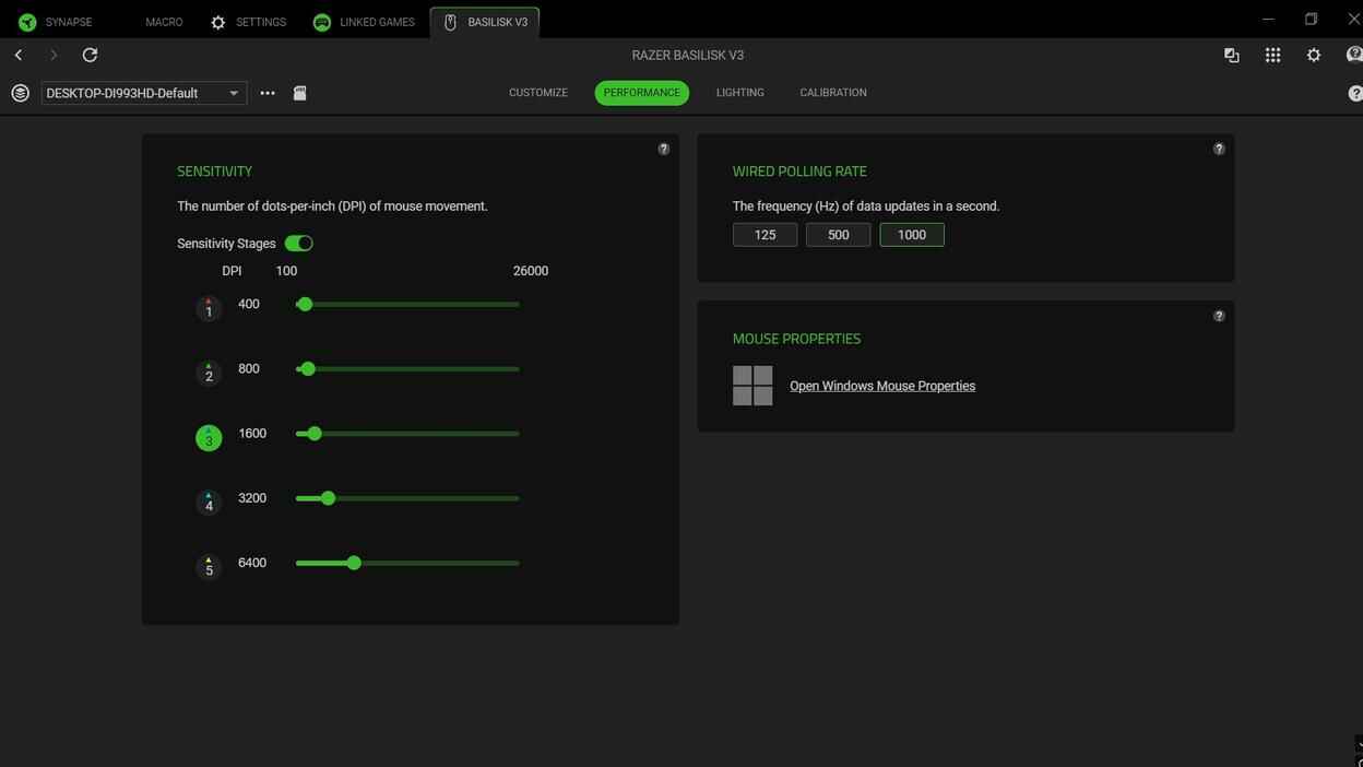 Razer Synapse Performance tab showing DPI stages and wired polling rate settings for Razer Basilisk V3