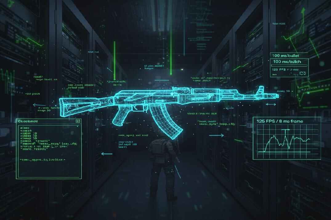 A conceptual diagram showing a flow of code lines and geometric recoil patterns merging into a digital AK-47, illustrating script logic