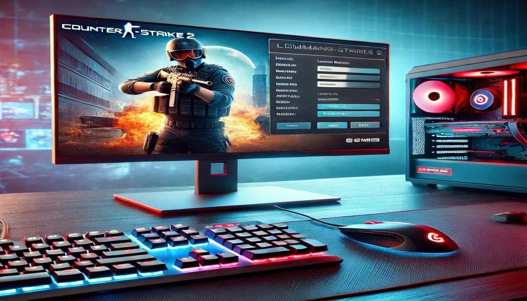 A high-tech gaming setup with Counter-Strike 2 displayed on a large monitor, showing a command console with launch options. The scene includes a gaming keyboard and mouse with RGB lighting, a sleek desktop PC, and a futuristic atmosphere with neon blue and red lighting.