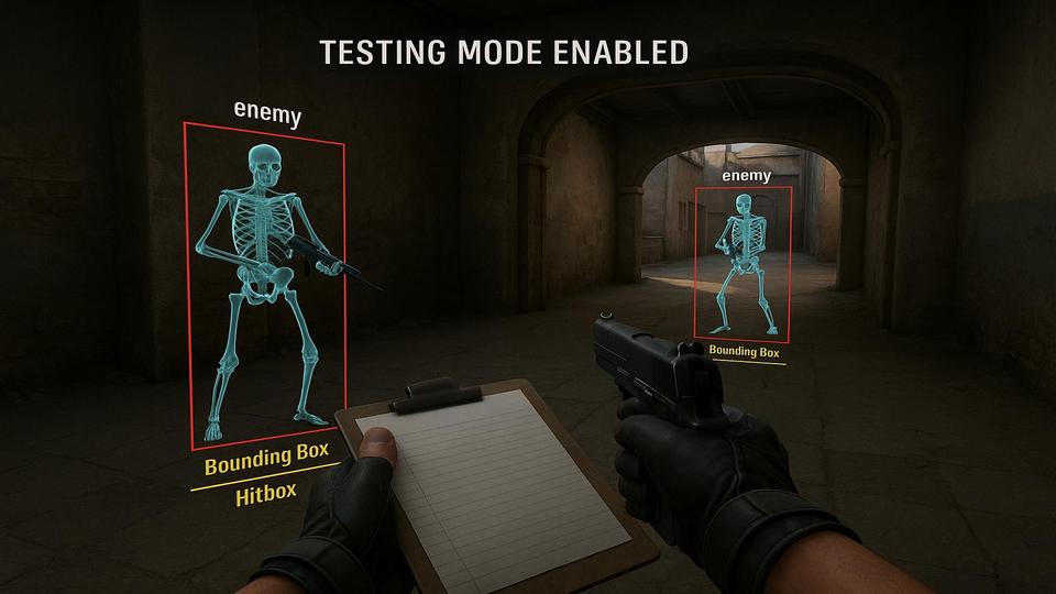 First-person shooter scene showing two enemies visible through walls with bounding boxes and skeleton overlays, labeled 'enemy', in a testing environment with a clipboard and pistol in view.