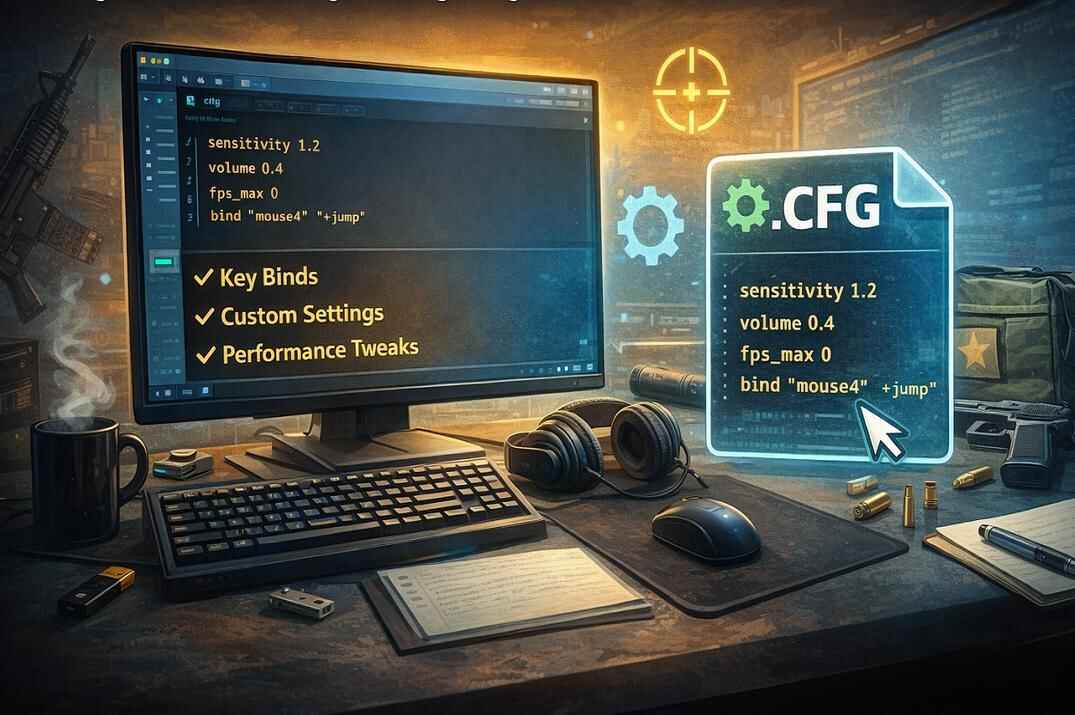 CS2 .cfg file example displayed on a gaming monitor with console commands, key binds, and performance settings in Counter-Strike 2