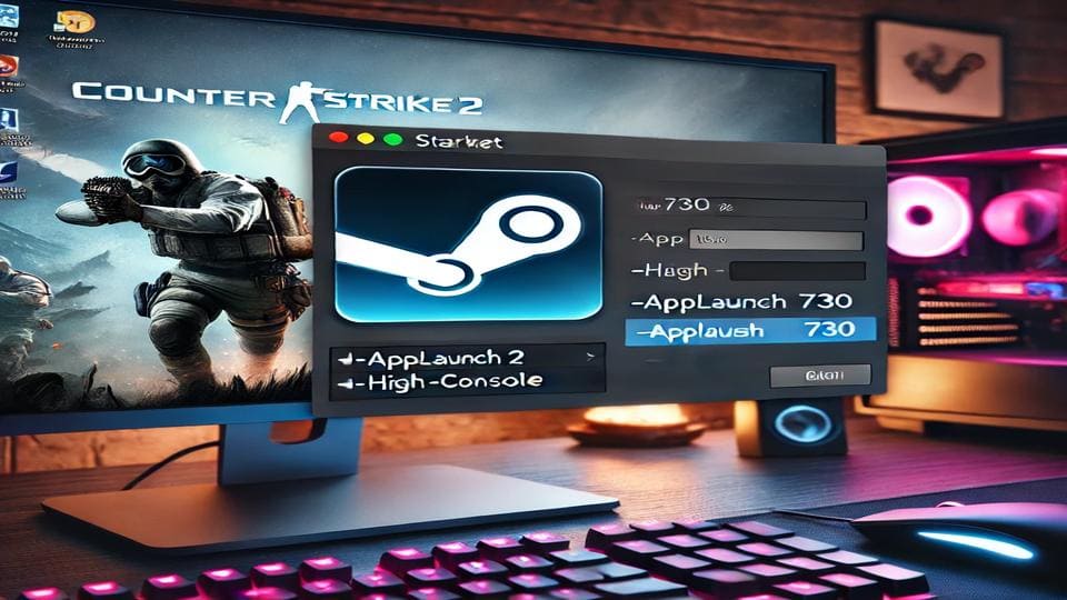 A high-resolution image of a computer desktop featuring a highlighted Steam shortcut icon. The shortcut properties window is open, displaying the 'Target' field with launch options for Counter-Strike 2, including '-applaunch 730 -high -console'. A sleek gaming keyboard and mouse are on the desk, with a modern gaming setup in the background, illuminated by RGB lighting. The high-performance monitor displays the Steam interface, adding to the professional gaming atmosphere.