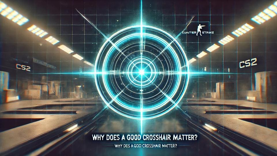 A high-definition futuristic gaming-themed image featuring a glowing holographic crosshair in the center. The background resembles a Counter-Strike 2 (CS2) training map with a sleek, digital aesthetic. The title "Why Does a Good Crosshair Matter?" is prominently displayed in bold, illuminated text.