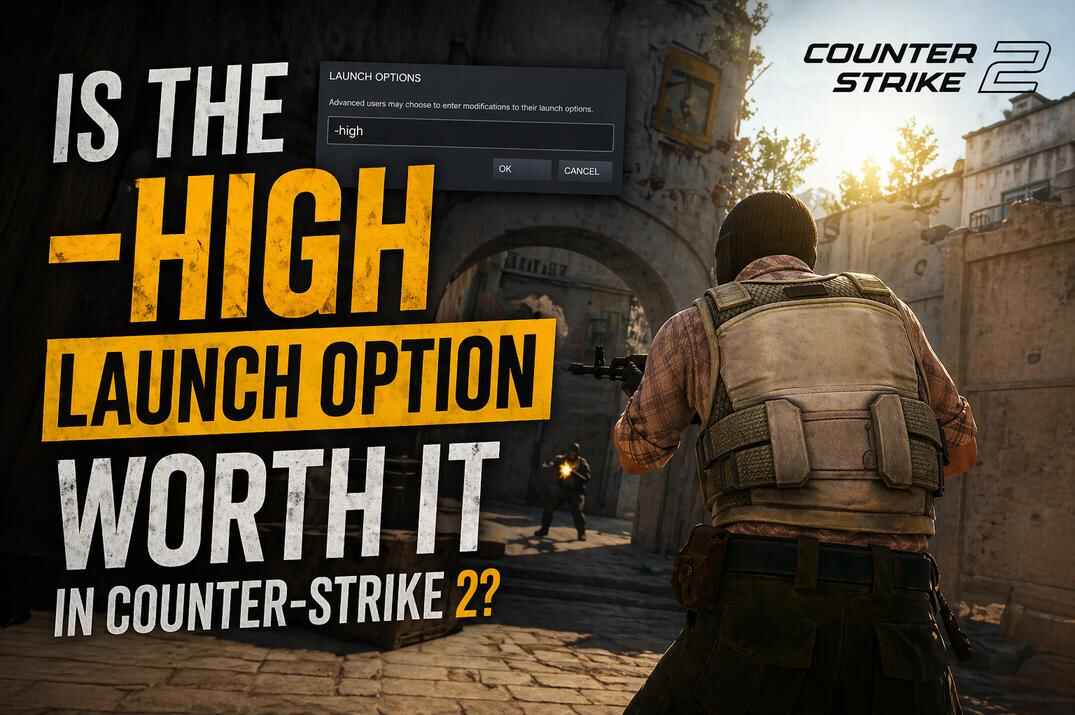 The title image for a CS2 guide showing a player aiming down a narrow map corridor, with a Steam launch options window displaying -high and large text asking whether the -high launch option is worth using in Counter-Strike 2