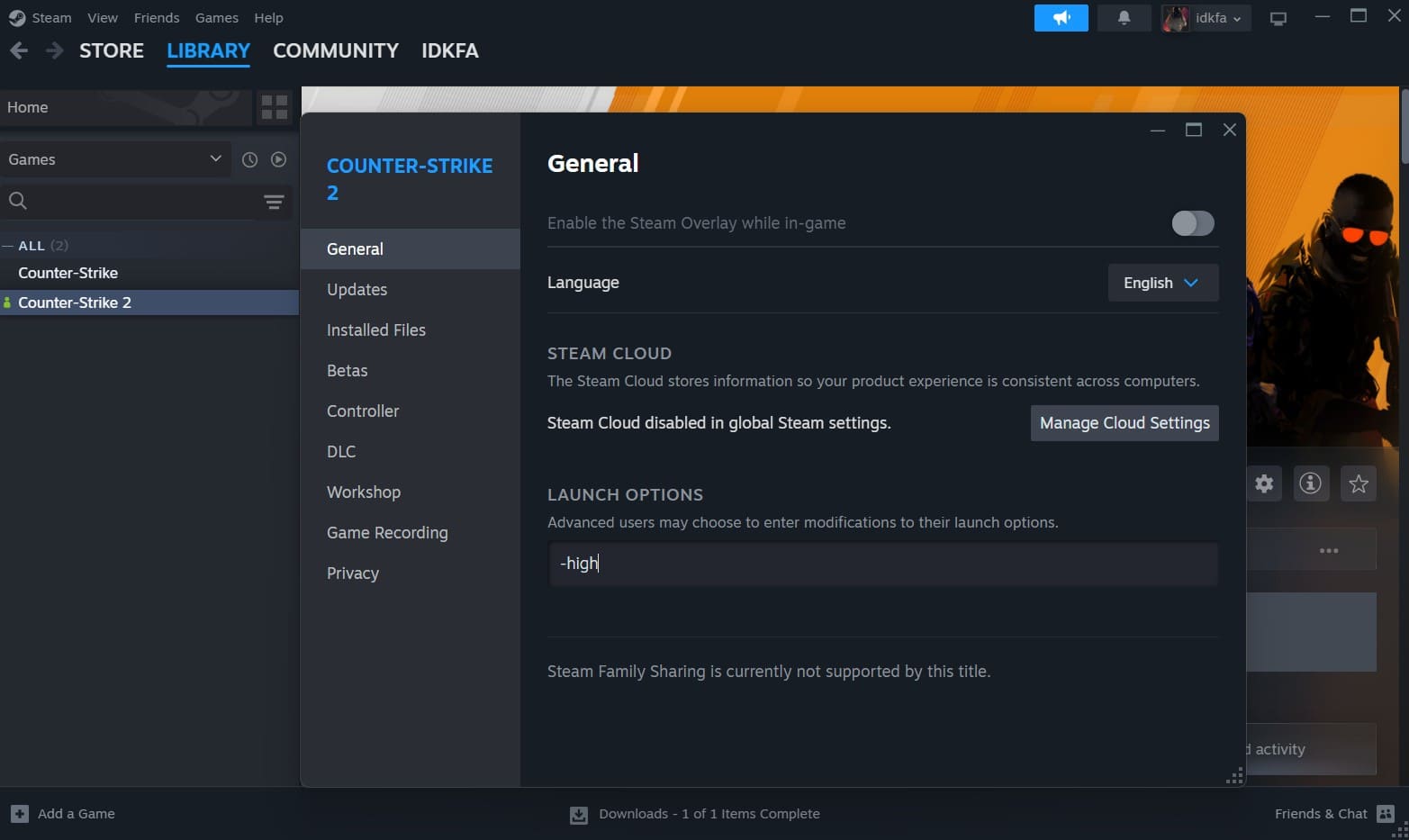 A screenshot of the Steam game library interface, showing the properties window for Counter-Strike 2 with launch options set to "-high".