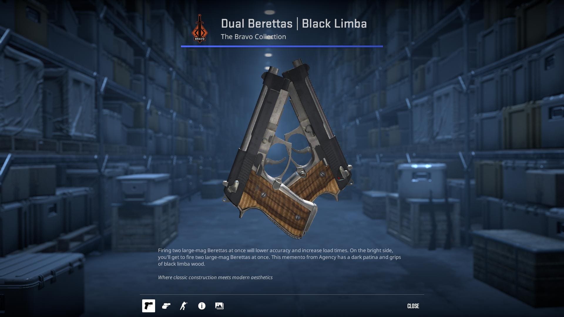 High-resolution image of the Black Limba Dual Berettas skin in Counter-Strike 2.