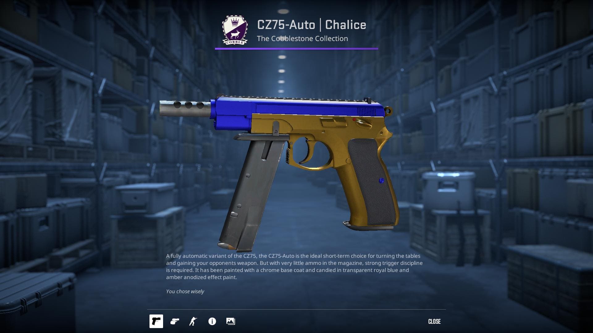 A high-definition image of the CZ75-Auto Chalice skin from Counter-Strike 2, displaying an ornate and regal design with gold accents and intricate engravings.