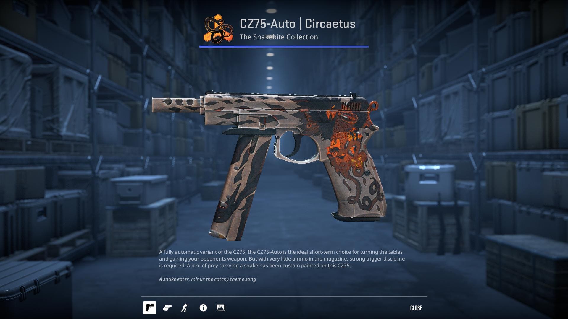 A high-definition image of the CZ75-Auto Circaetus skin from Counter-Strike 2, characterized by a sleek and modern design with geometric patterns and a cool color scheme.