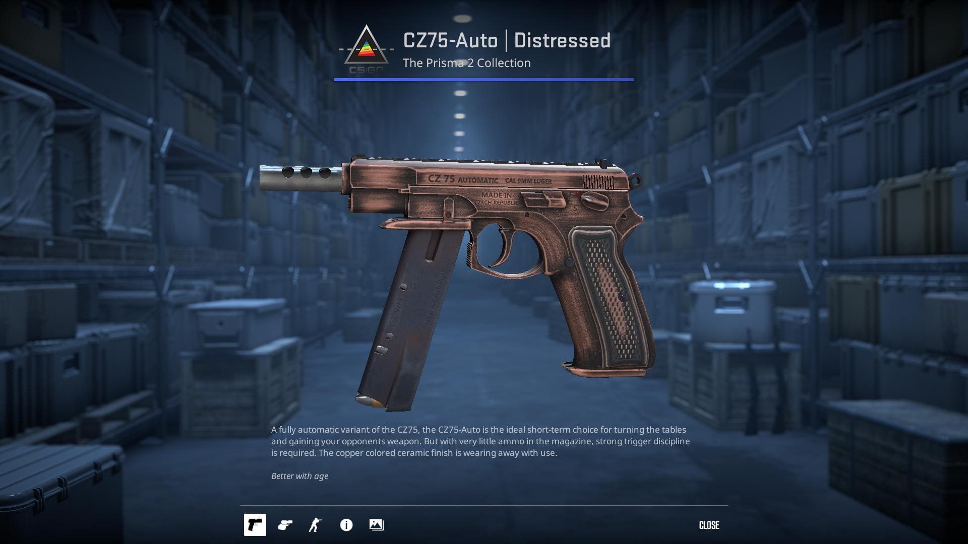 A high-definition image of the CZ75-Auto Distressed skin from Counter-Strike 2, displaying a worn and battle-scarred design with scratches and faded colors.