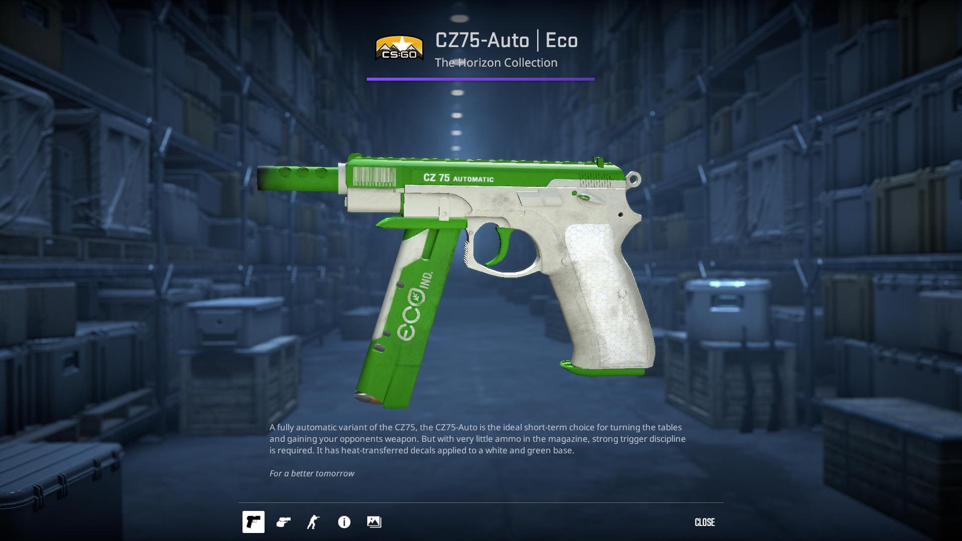 A high-definition image of the CZ75-Auto Eco skin from Counter-Strike 2, showcasing a minimalist and environmentally-friendly design with natural tones and textures.