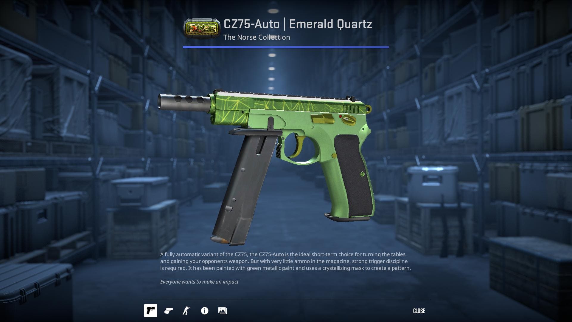 A high-definition image of the CZ75-Auto Emerald Quartz skin from Counter-Strike 2, displaying a luxurious design with deep green hues and sparkling quartz textures.