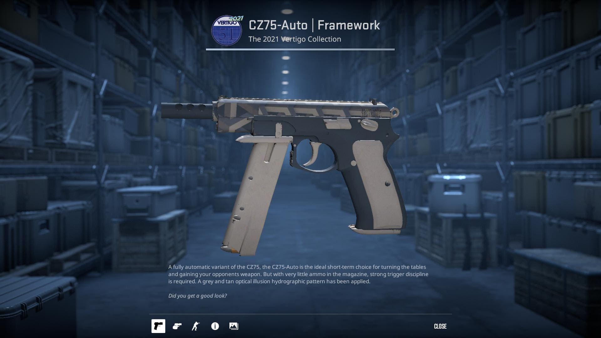 A high-definition image of the CZ75-Auto Framework skin from Counter-Strike 2, characterized by a minimalist design with clean lines and a modern gray and black color scheme.