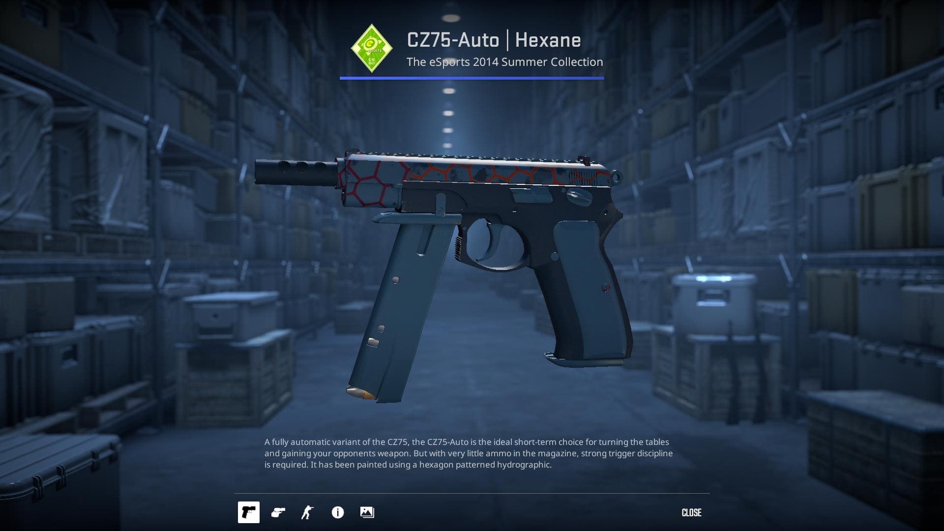 A high-definition image of the CZ75-Auto Hexane skin from Counter-Strike 2, displaying a futuristic design with hexagonal patterns and a sleek blue and black color scheme.