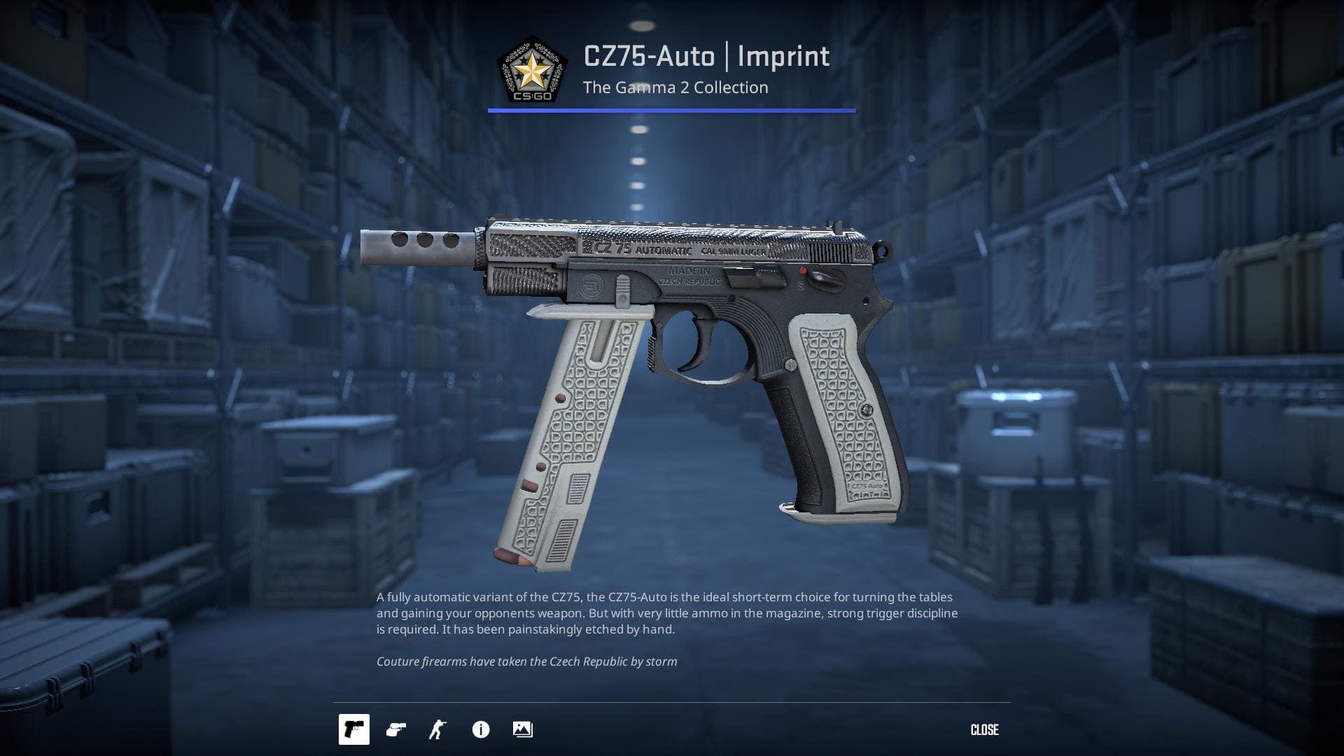 A high-definition image of the CZ75-Auto Imprint skin from Counter-Strike 2, featuring a unique design with intricate fingerprint patterns and a sleek color scheme.