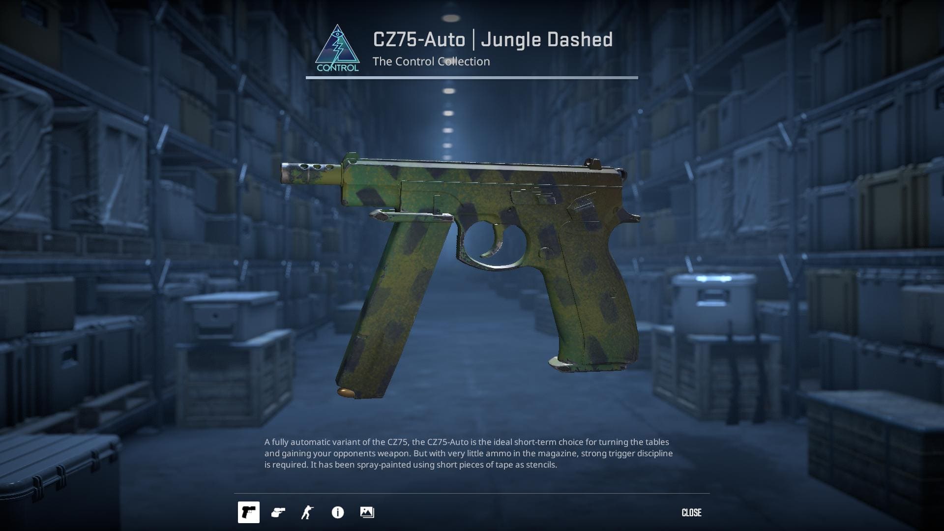 A high-definition image of the CZ75-Auto Jungle Dashed skin from Counter-Strike 2, displaying a camouflage design with jungle patterns and earthy tones.