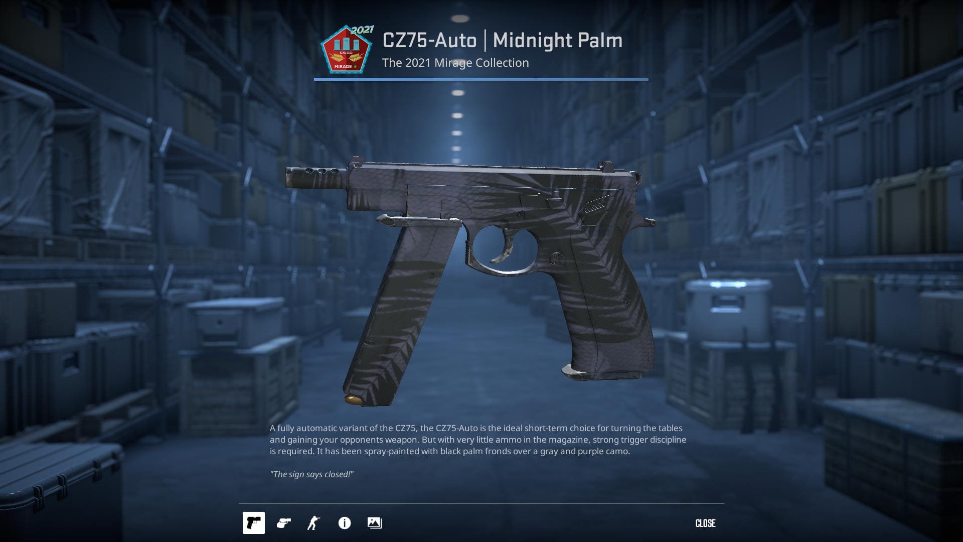 A high-definition image of the CZ75-Auto Midnight Palm skin from Counter-Strike 2, showcasing a tropical design with dark palm leaves and a cool color scheme.