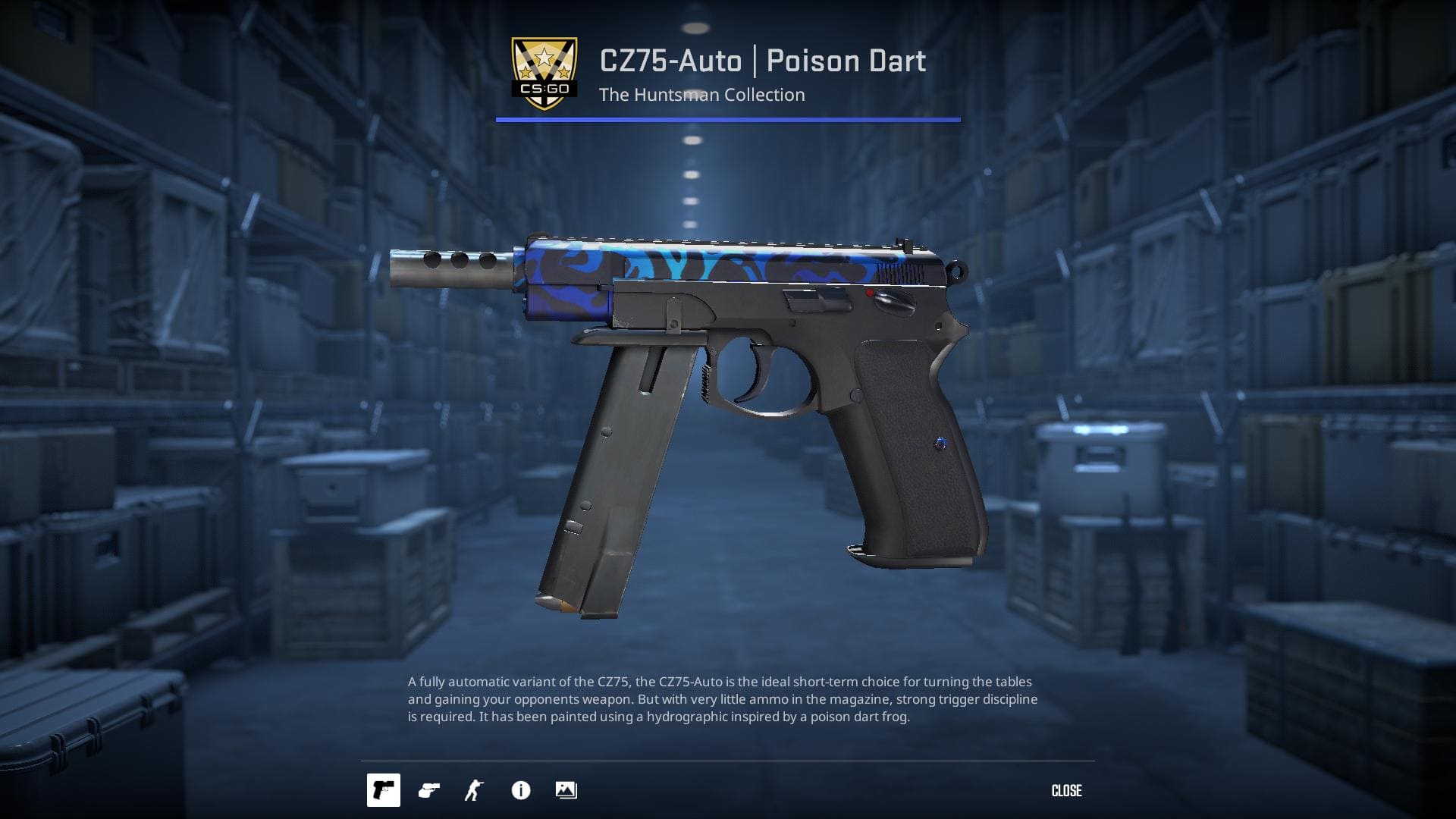 A high-definition image of the CZ75-Auto Poison Dart skin from Counter-Strike 2, characterized by a venomous design with bright green and black colors, resembling a poisonous dart frog.