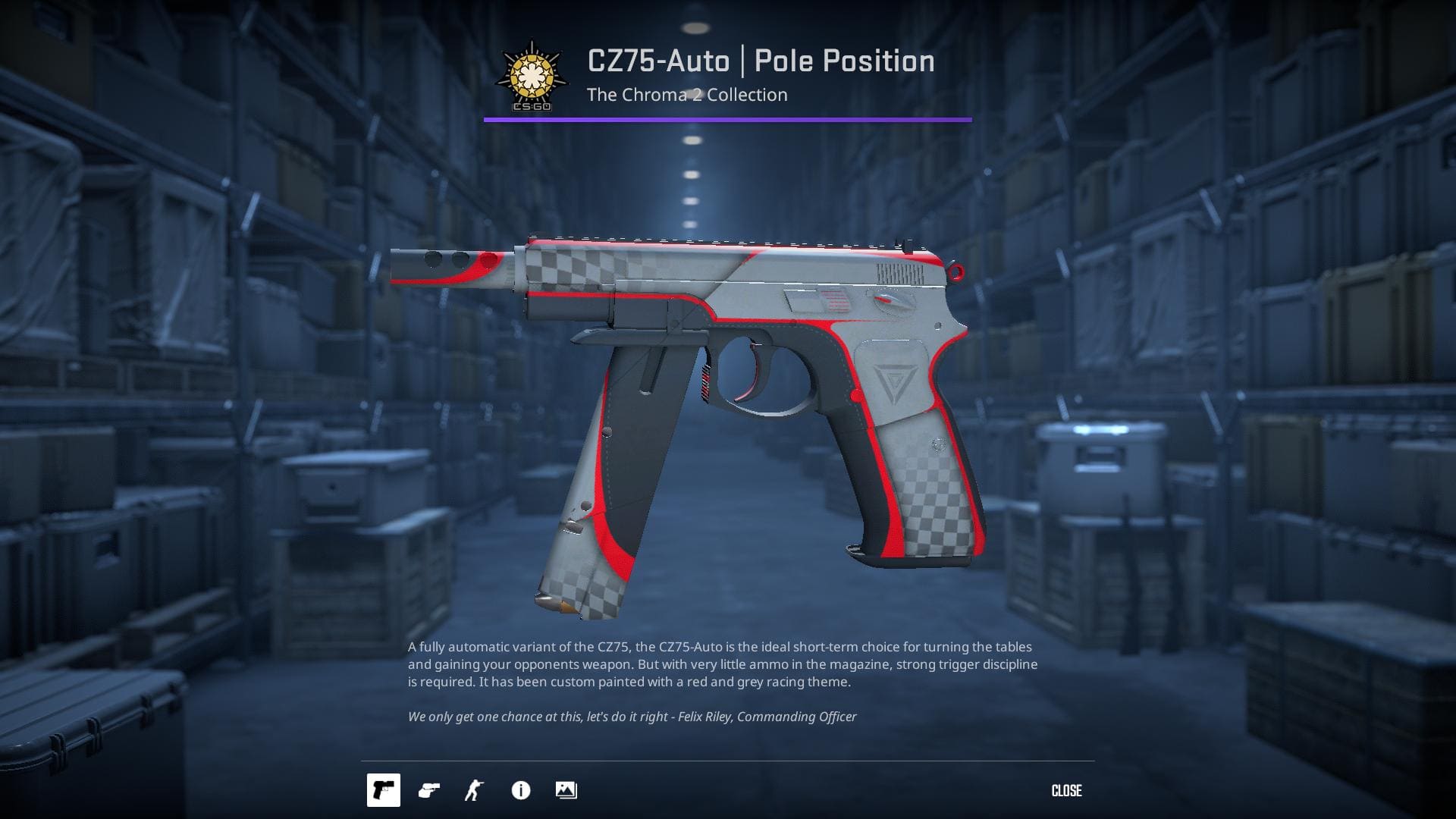 A high-definition image of the CZ75-Auto Pole Position skin from Counter-Strike 2, featuring a dynamic racing-inspired design with checkered flags and vibrant colors.