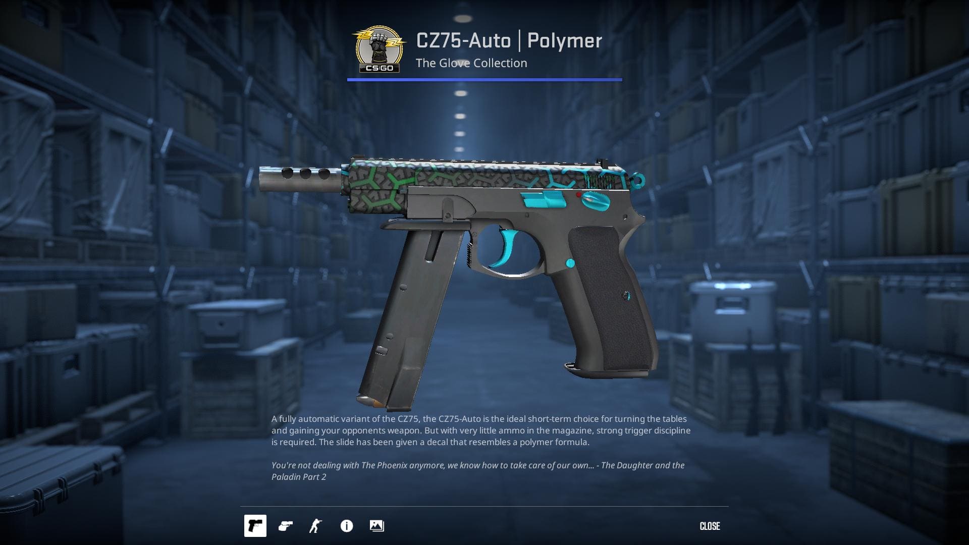 A high-definition image of the CZ75-Auto Polymer skin from Counter-Strike 2, characterized by a sleek and futuristic design with glossy black and neon accents.