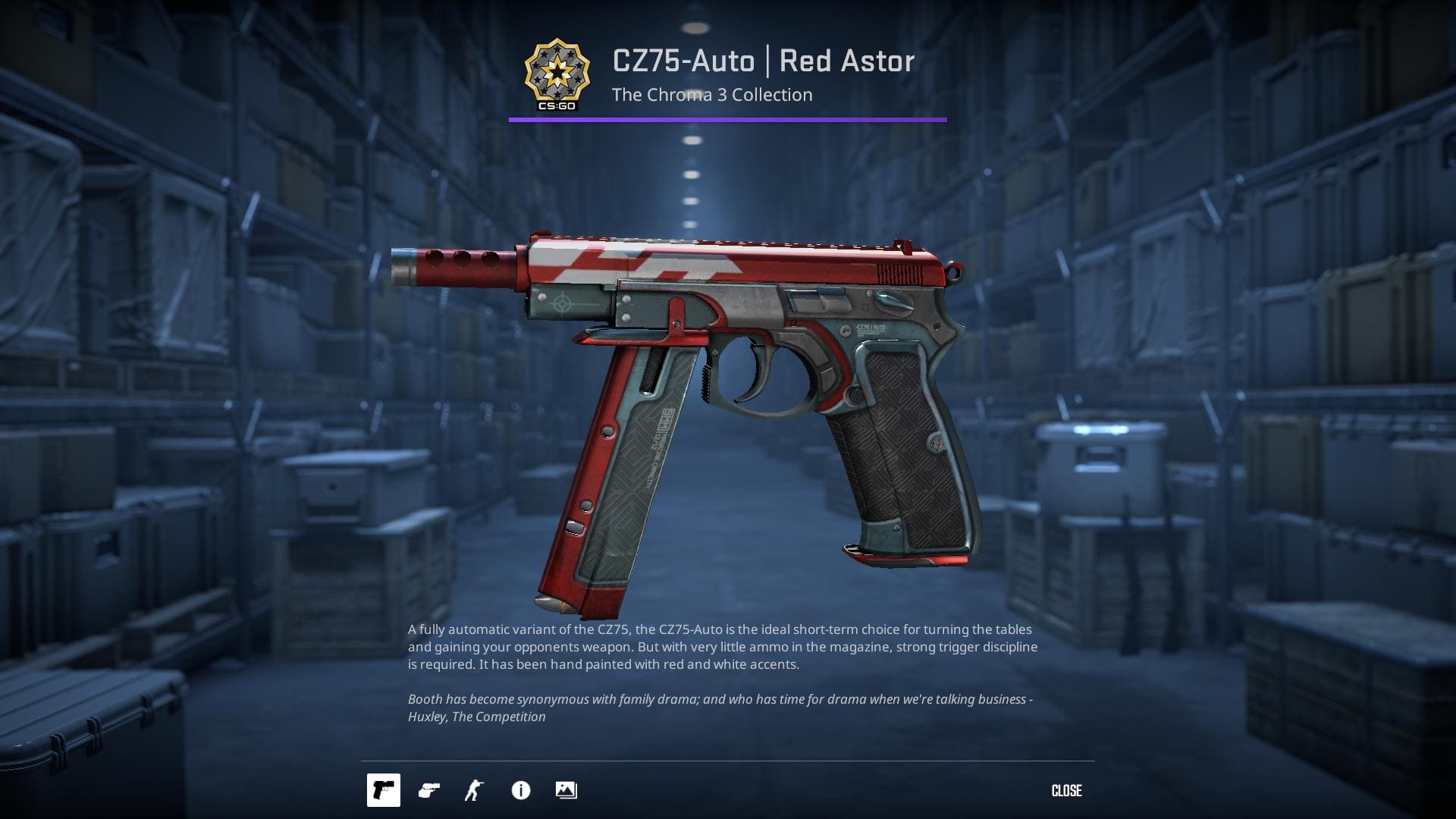 A high-definition image of the CZ75-Auto Red Astor skin from Counter-Strike 2, displaying a luxurious and vibrant red design with intricate gold details.