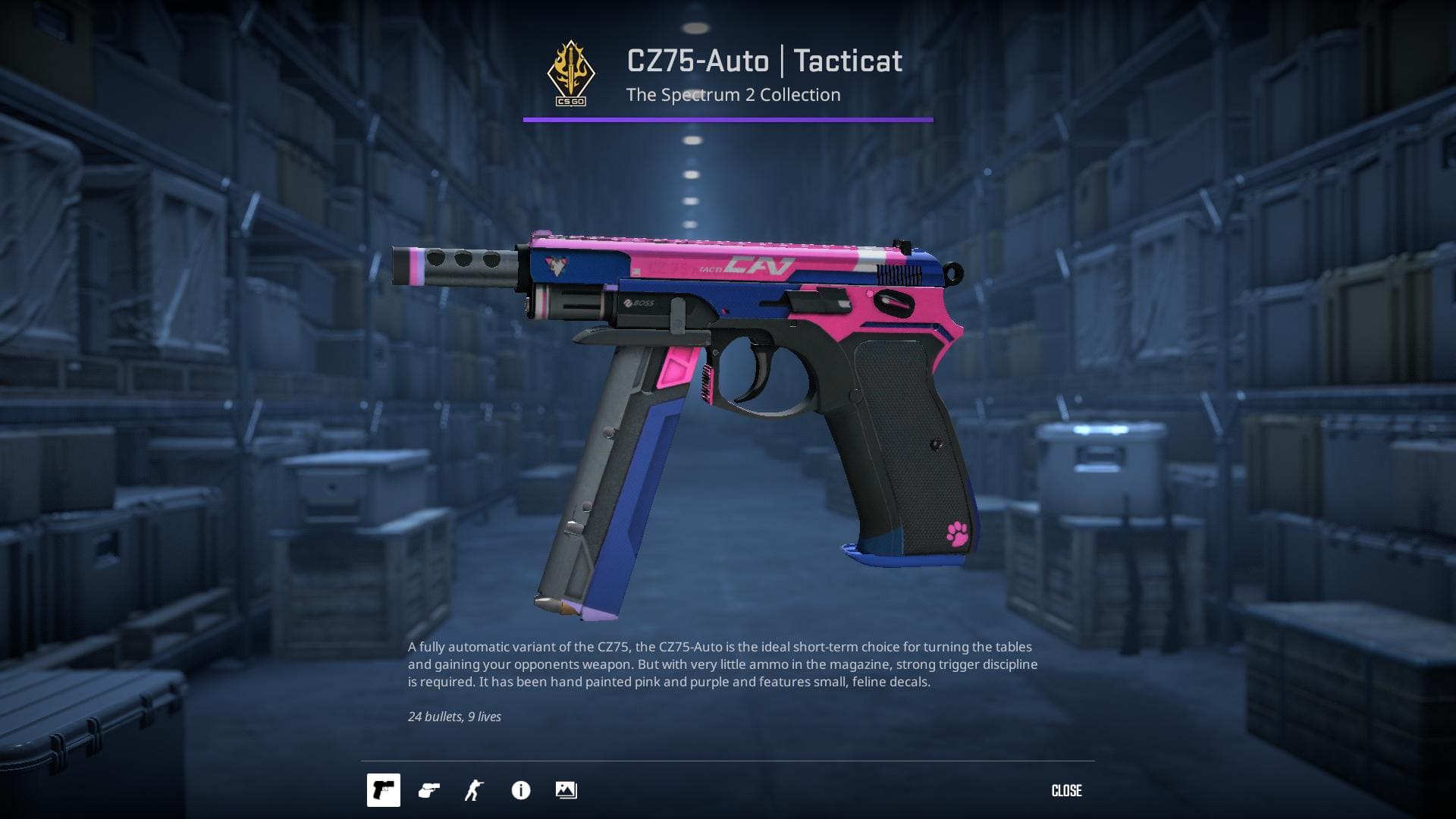 A high-definition image of the CZ75-Auto Tacticat skin from Counter-Strike 2, featuring a playful cat-themed design with tactical elements and vibrant colors.