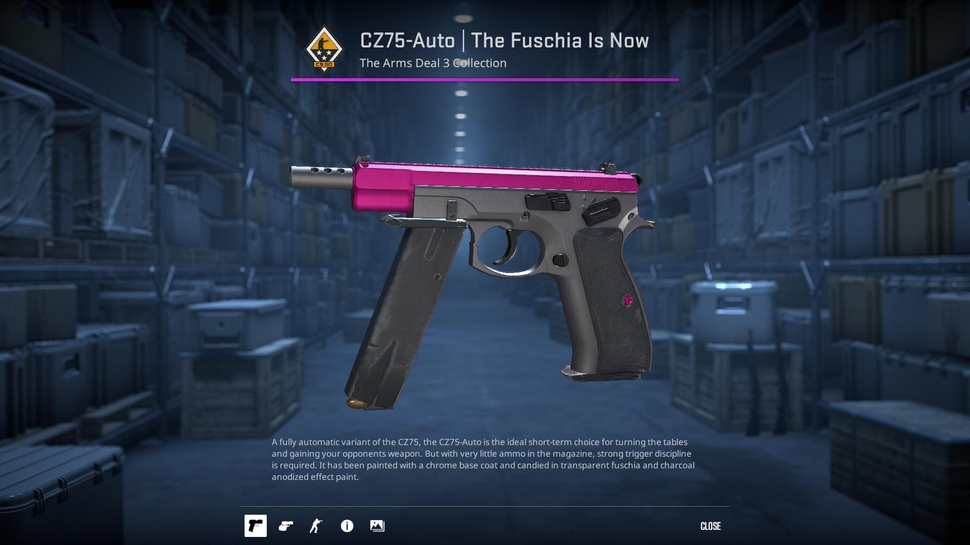 A high-definition image of the CZ75-Auto The Fuchsia Is Now skin from Counter-Strike 2, displaying a bold and vibrant fuchsia color scheme with modern geometric patterns.