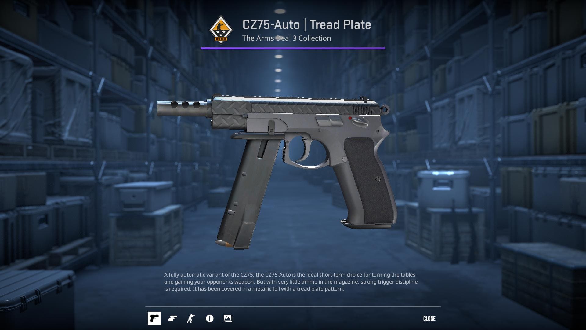 A high-definition image of the CZ75-Auto Tread Plate skin from Counter-Strike 2, showcasing a rugged and industrial design with textured metal plates.