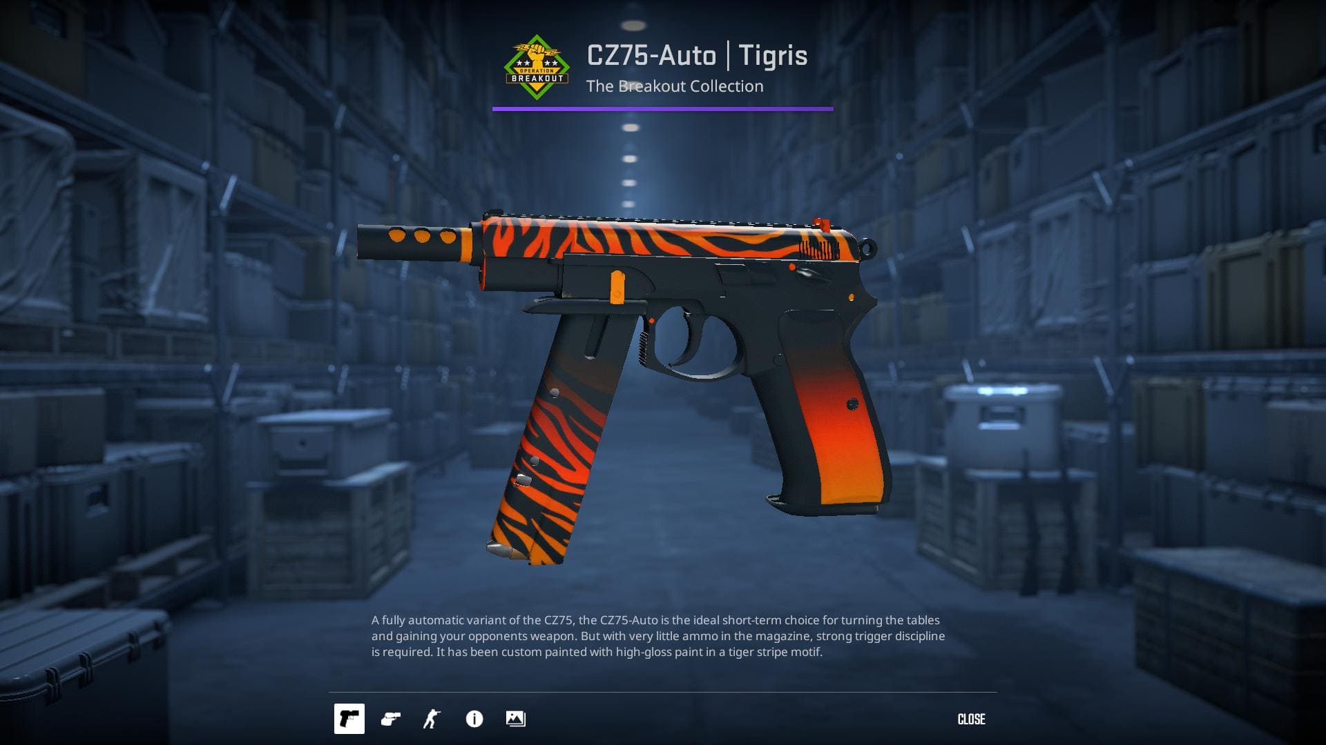 A high-definition image of the CZ75-Auto Tigris skin from Counter-Strike 2, characterized by a bold tiger stripe pattern with vibrant orange and black colors.