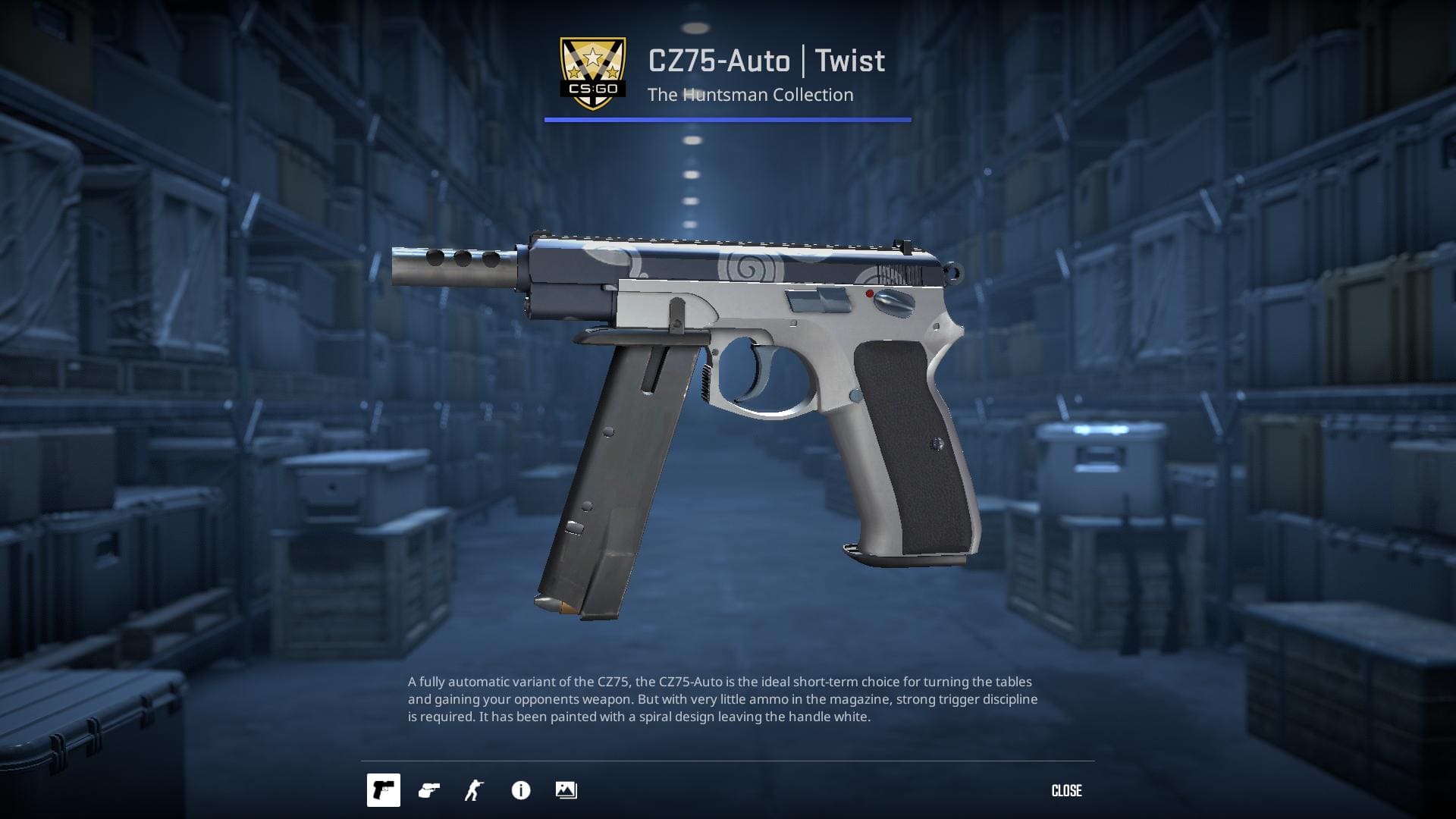 A high-definition image of the CZ75-Auto Twist skin from Counter-Strike 2, displaying a dynamic and twisted design with vibrant colors and geometric shapes.