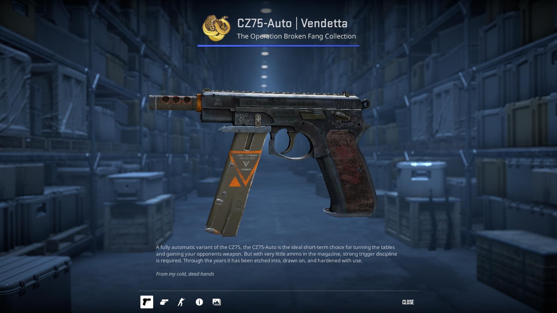 A high-definition image of the CZ75-Auto Vendetta skin from Counter-Strike 2, showcasing a dark and menacing design with skulls and crossbones.