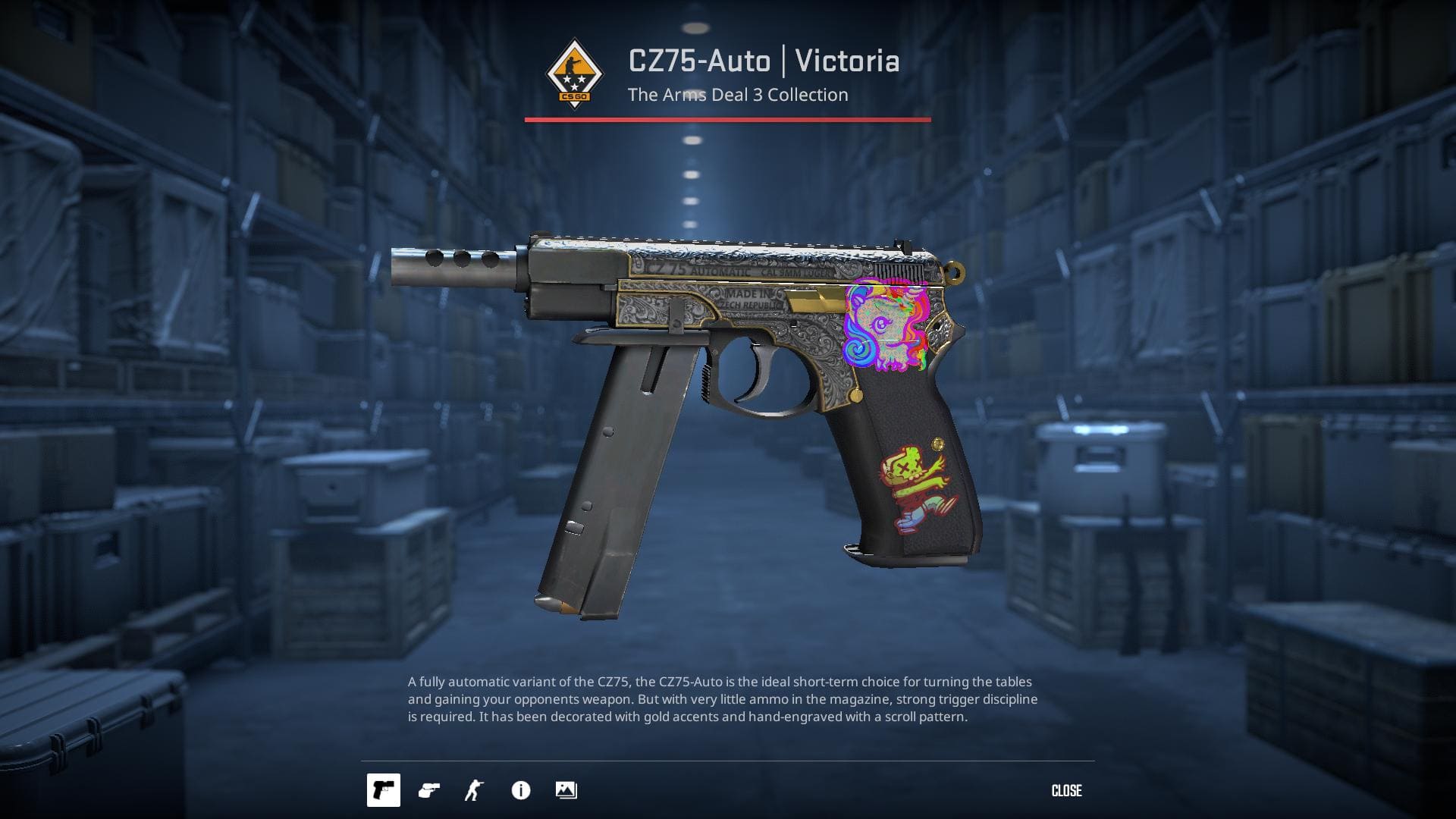 A high-definition image of the CZ75-Auto Victoria skin from Counter-Strike 2, featuring a regal and ornate design with intricate gold and purple details.