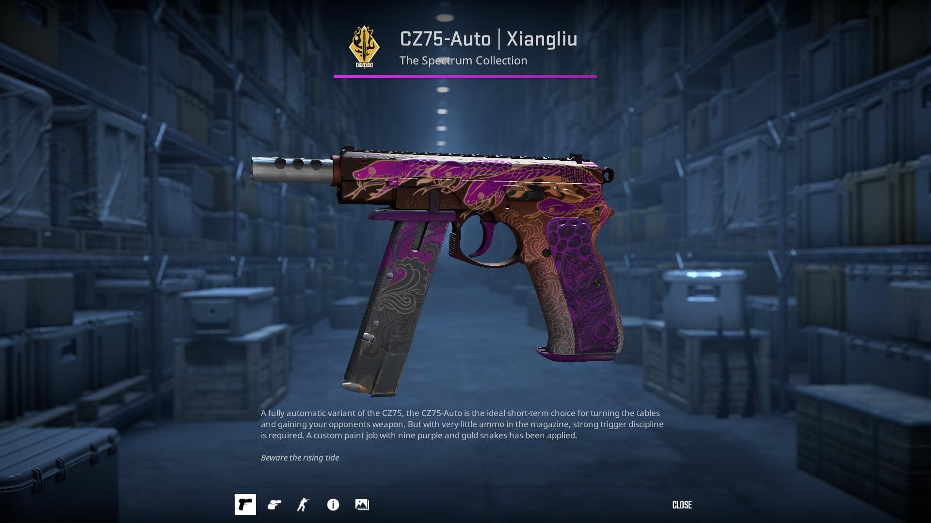 A high-definition image of the CZ75-Auto Xiangliu skin from Counter-Strike 2, showcasing a mythical dragon design with vibrant colors and detailed scales.