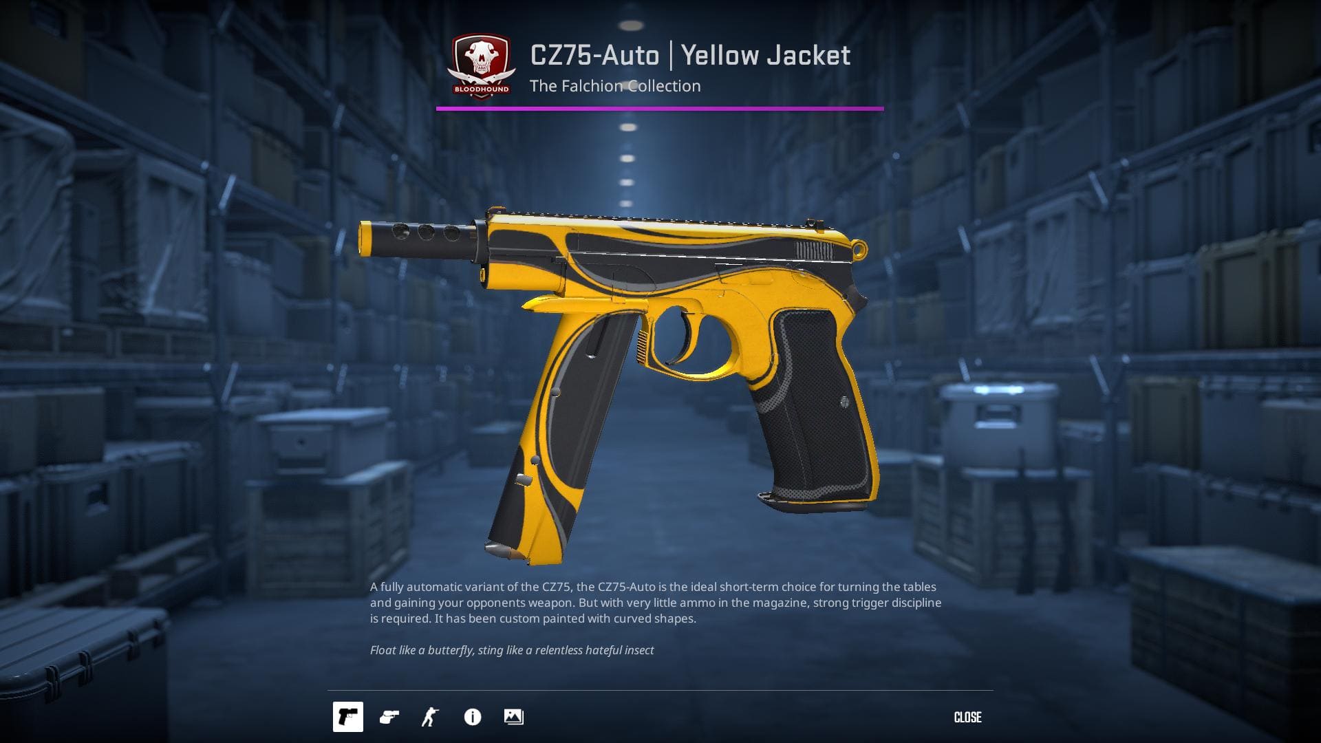 A high-definition image of the CZ75-Auto Yellow Jacket skin from Counter-Strike 2, characterized by a sleek yellow and black color scheme with a sporty, racing-inspired design.