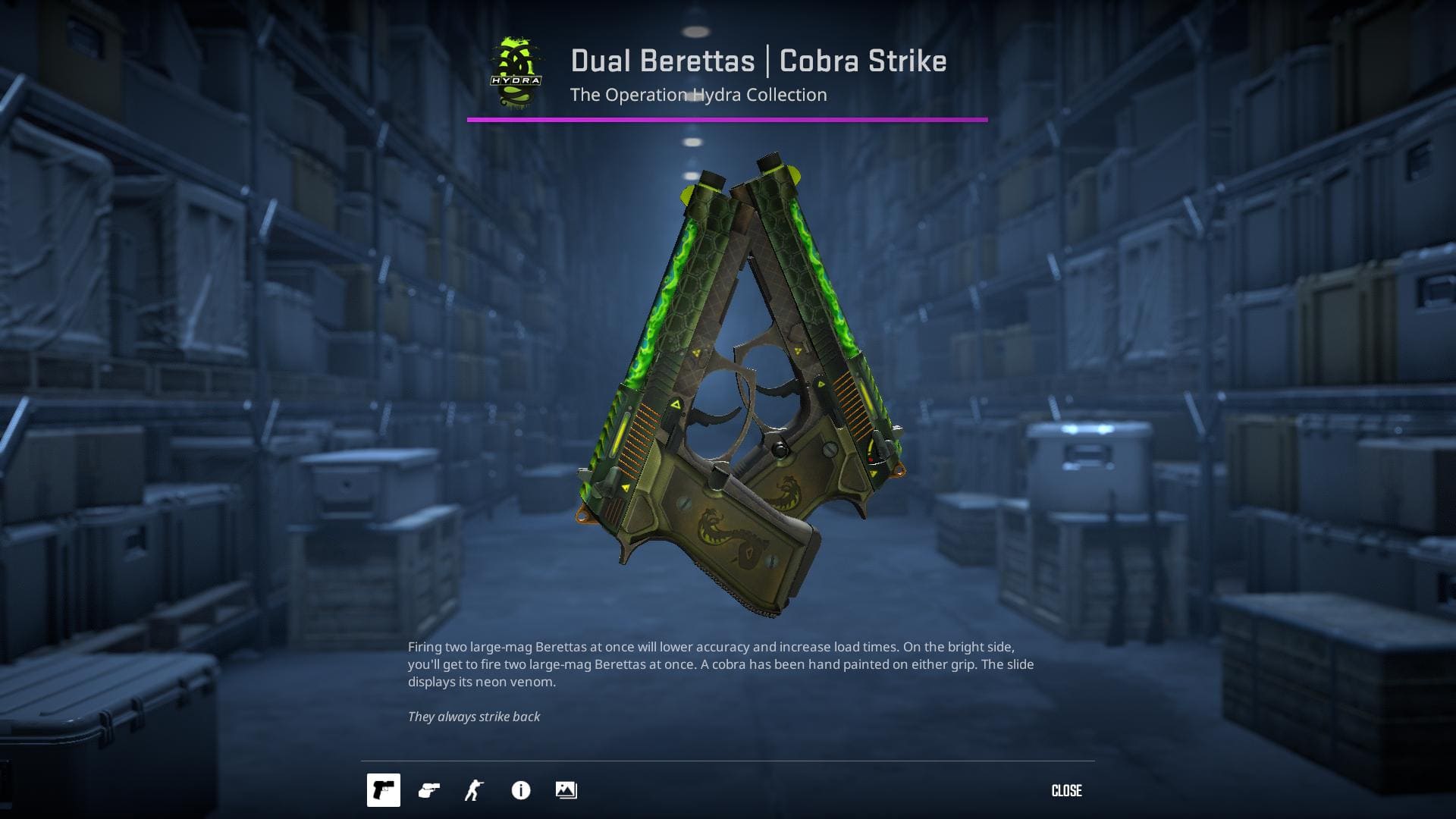 High-resolution image of the Cobra Strike Dual Berettas skin in Counter-Strike 2.