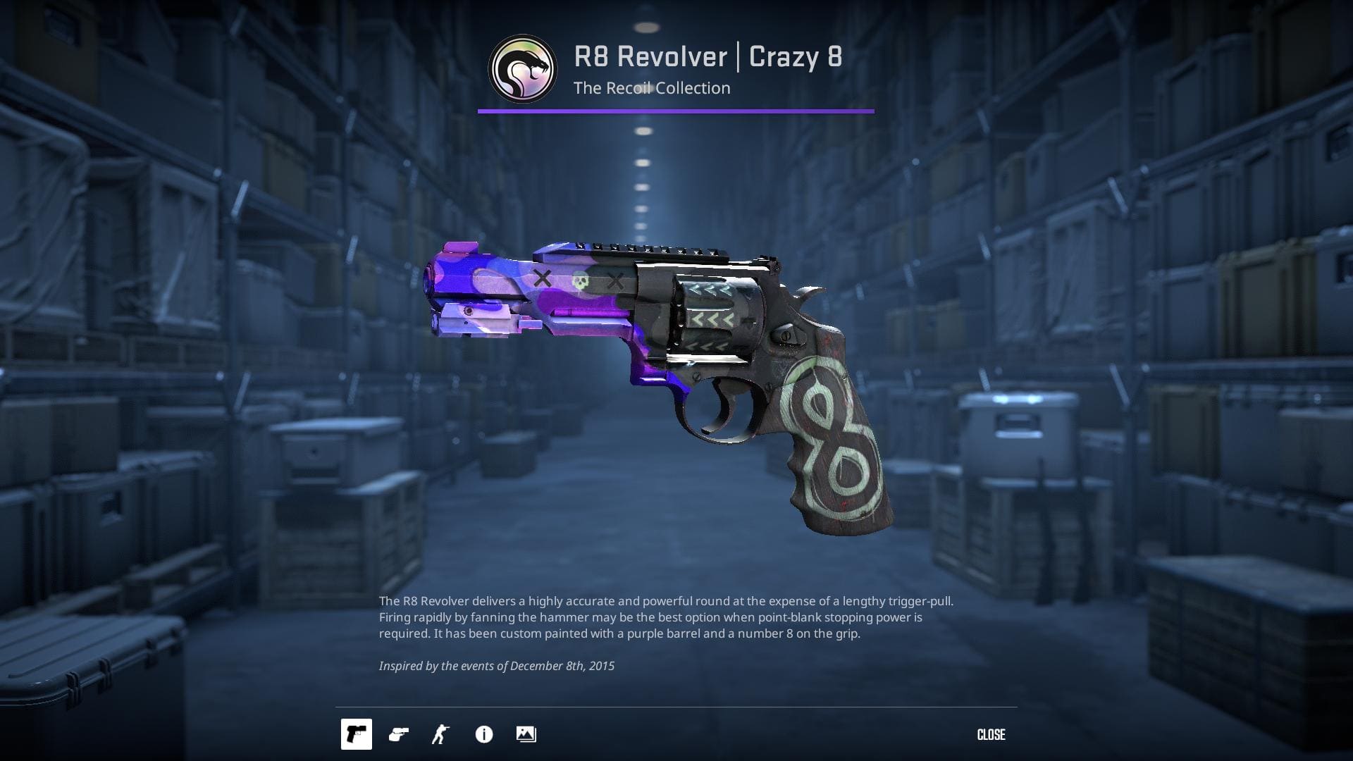 High-resolution image of the Crazy 8 R8 Revolver skin in Counter-Strike 2.