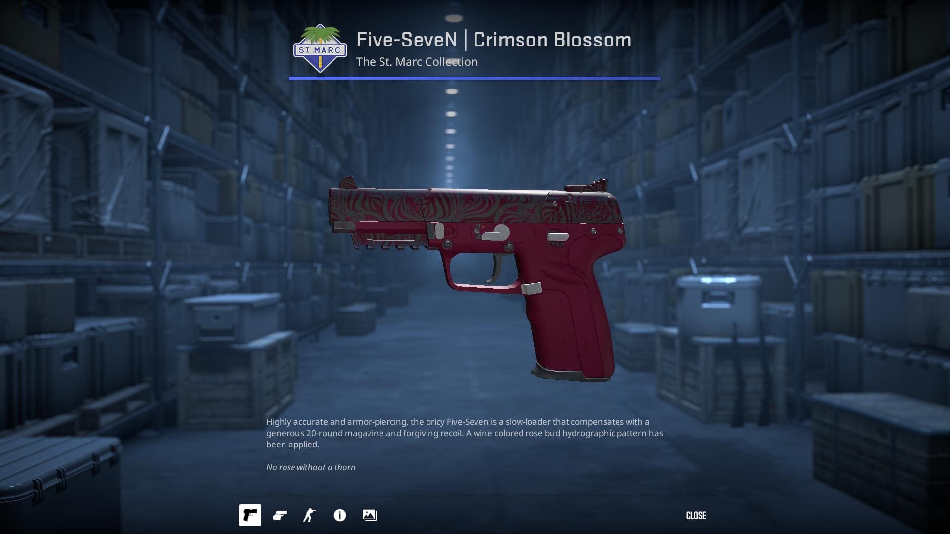 High-resolution image of the Crimson Blossom Five-SeveN skin in Counter-Strike 2.