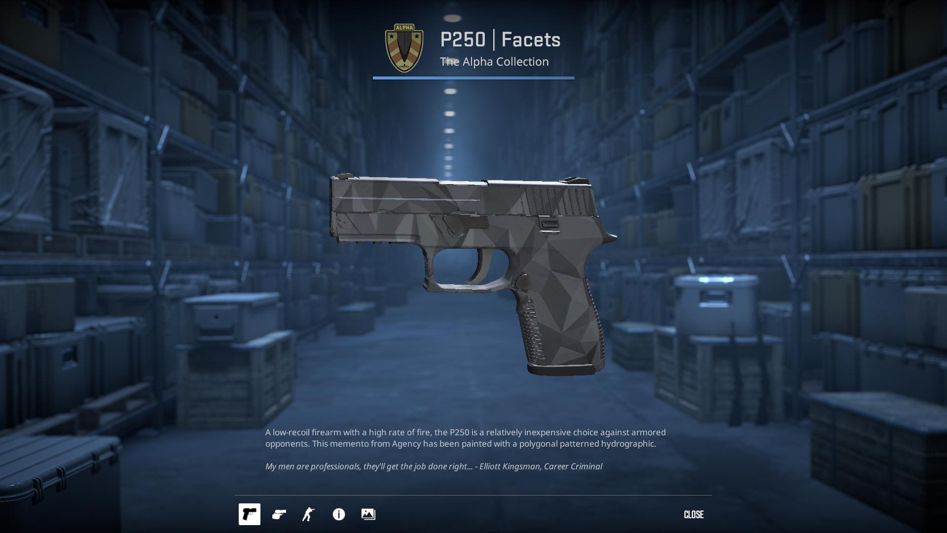 High-resolution image of the Facets P250 skin in Counter-Strike 2. Title: Facets P250 Skin