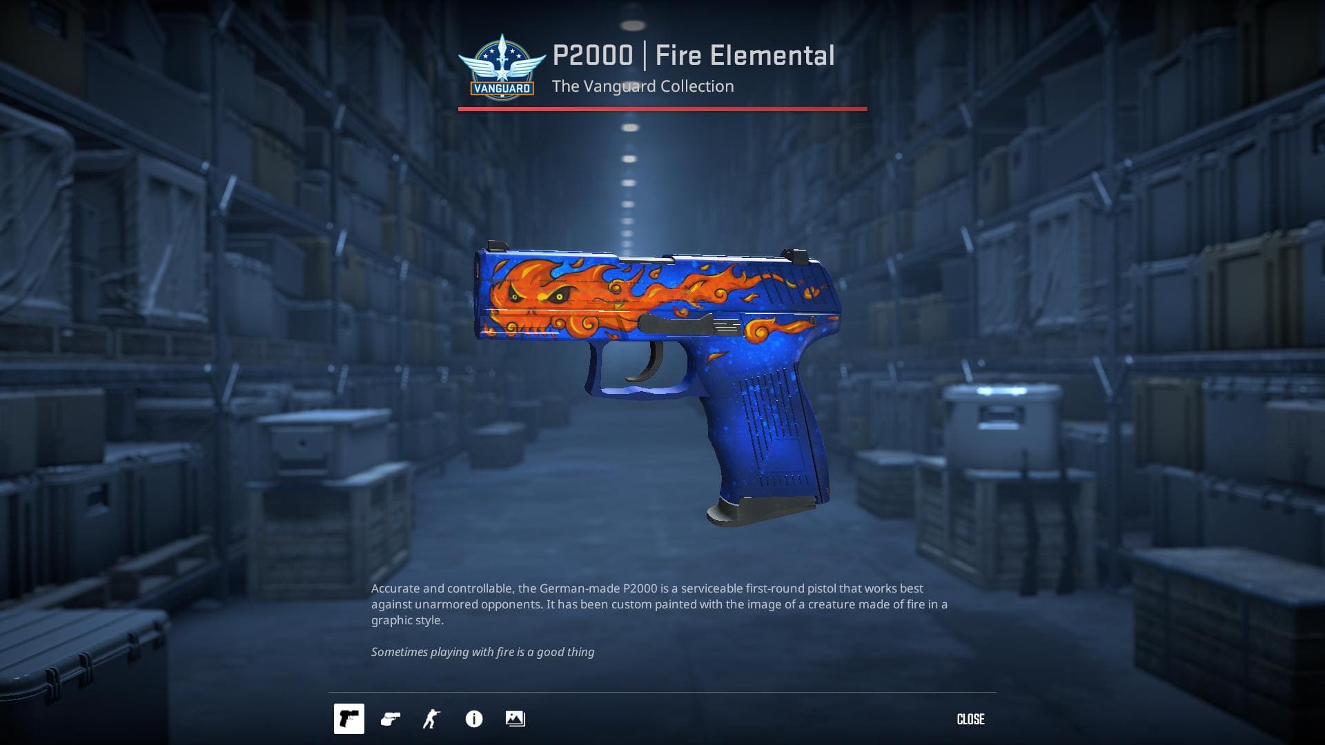 High-resolution image of the Fire Elemental P2000 skin in Counter-Strike 2.