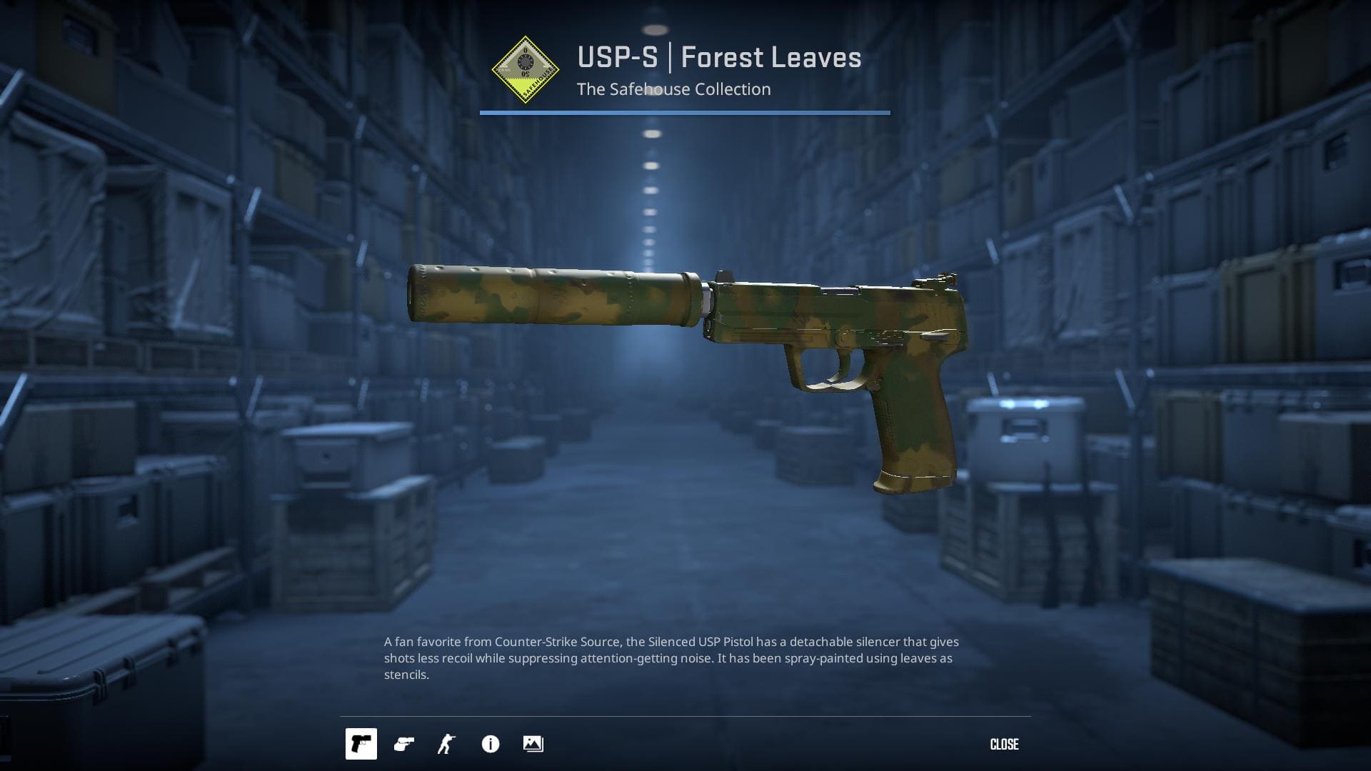 Image of a USP-S Forest Leaves skin in Counter-Strike 2, featuring a camouflage design with green and brown leaf patterns.